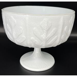 Vintage Oak Leaves Pedestal Dish Compote White Milk Glass FTD‎ 1978